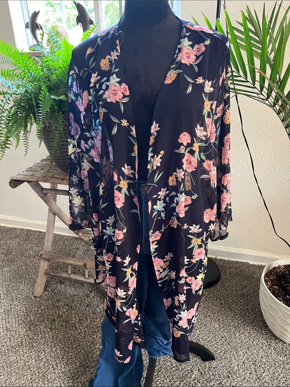 Floral Sheer Kimono Robe - Black with Pink Floral